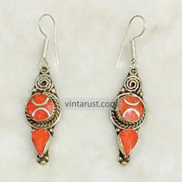 Handmade Nepalese Coral Earrings, Vintage Style Nepalese Earrings, Bohemian Drop - Picture 3 of 5